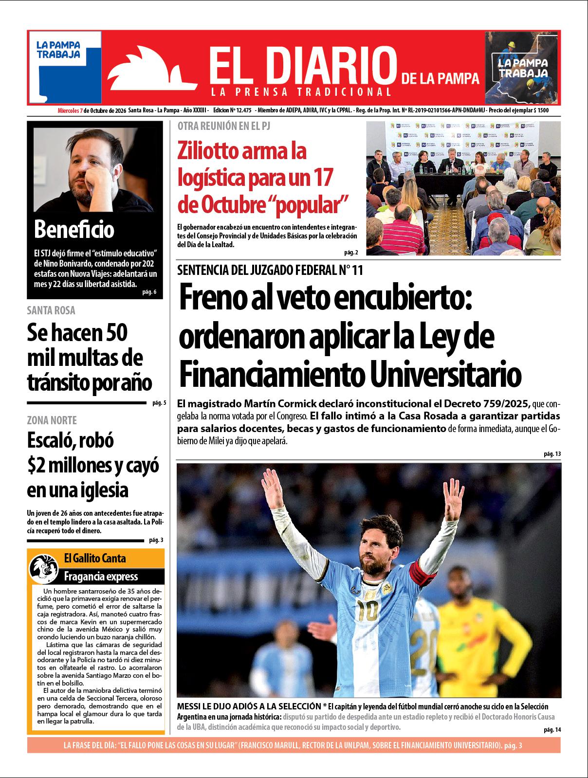 Tapa de El Diario en papel  mieacutercoles 07 de octubre de 2026